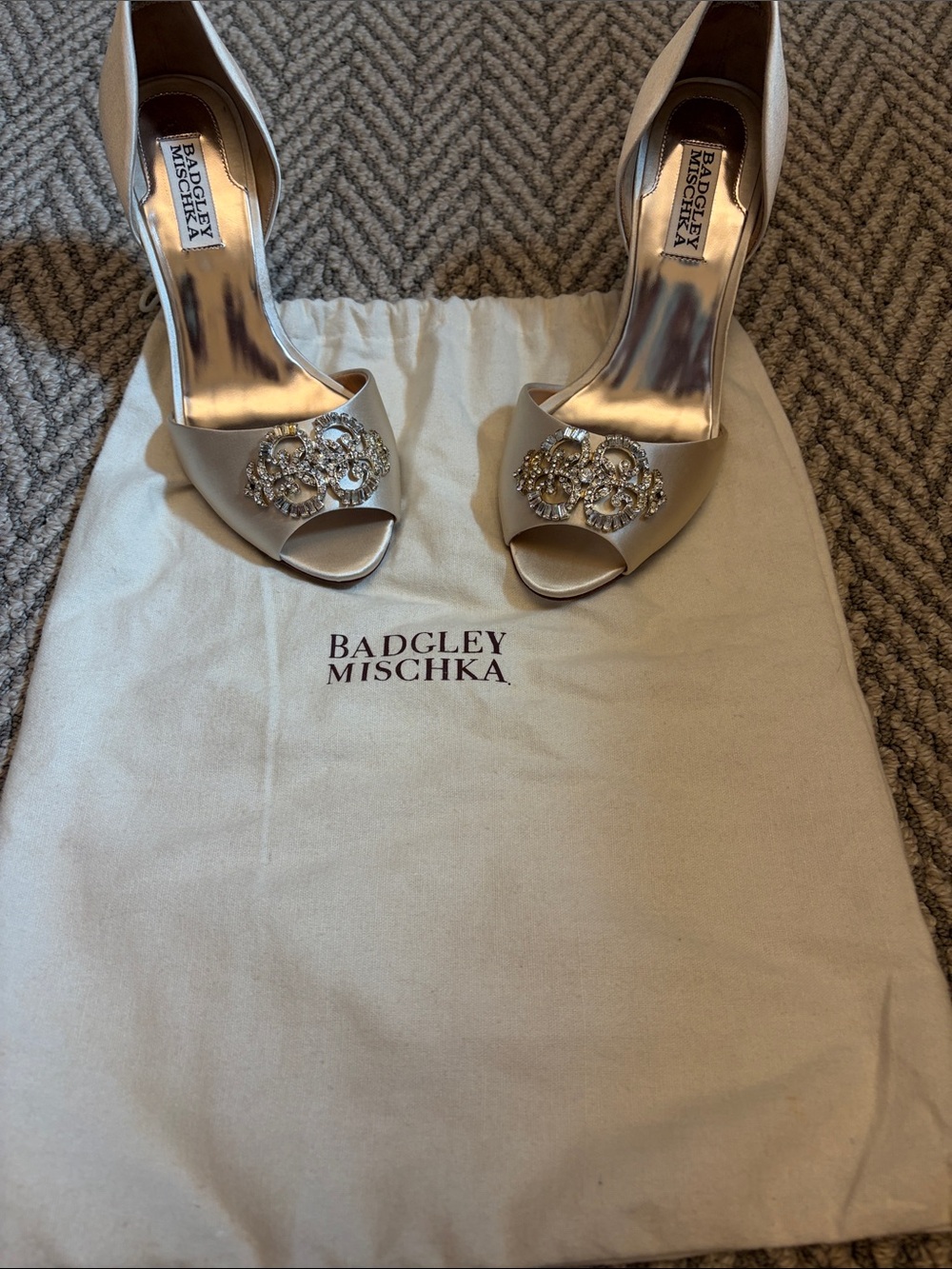 Badgley Mischka Champagne Satin Peep-Toe Heels with Crystal Embellishment